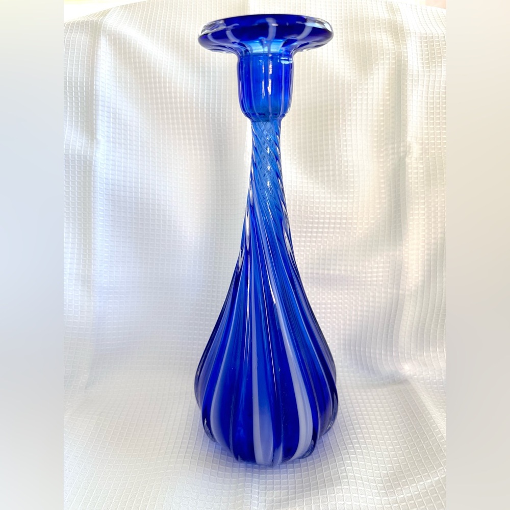 Rare Vintage Cobalt Blue Bottle Vase Candleholder Italy Handblown Glass Twisted